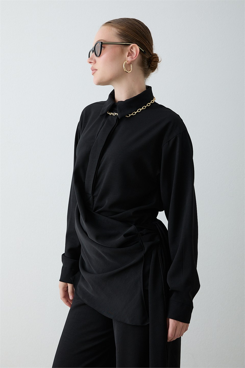 Drape Bağlamalı Pantolonlu Takım - Siyah