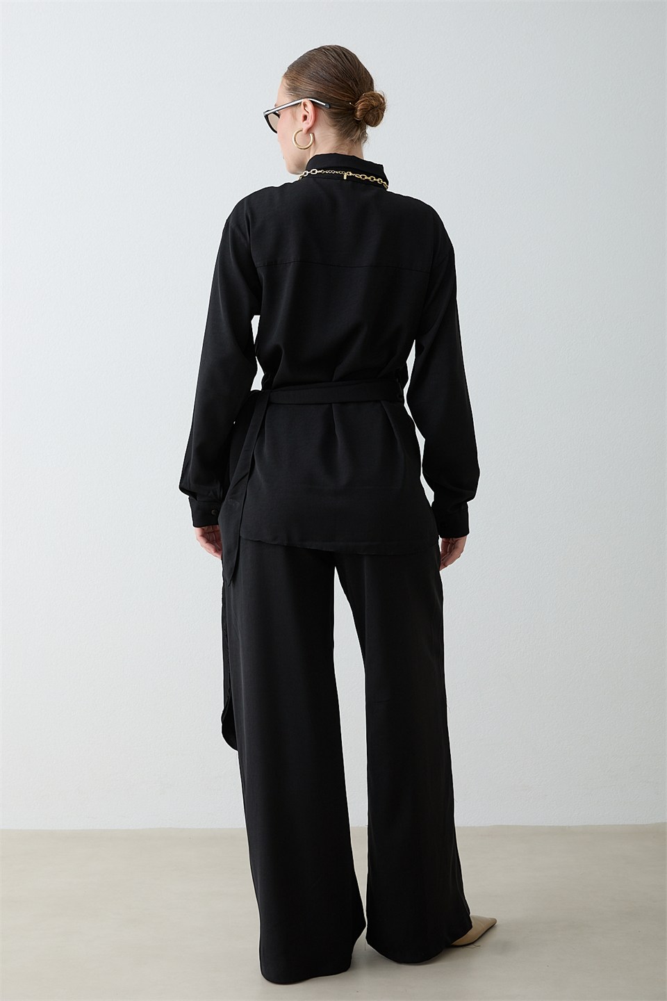 Drape Bağlamalı Pantolonlu Takım - Siyah
