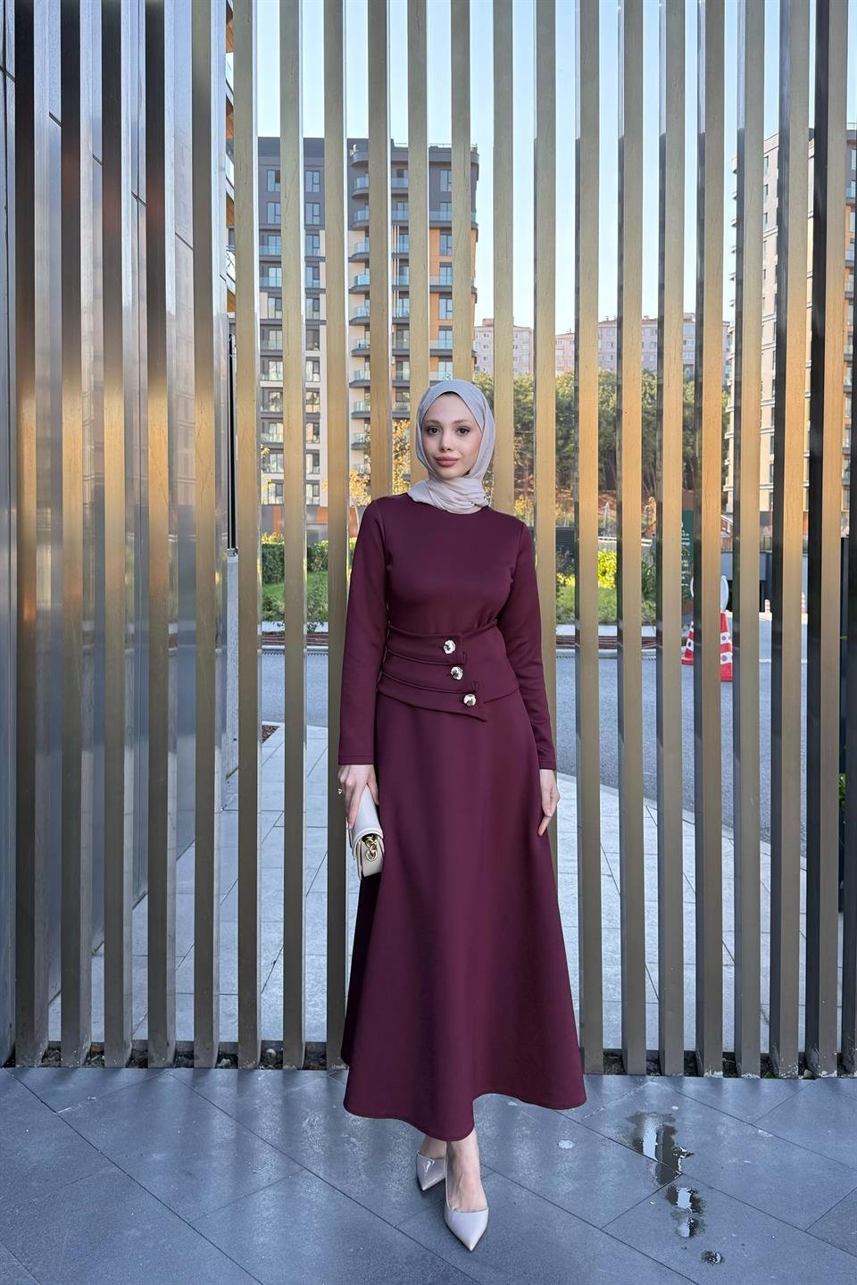 Button Belted Scuba Dress - Burgundy