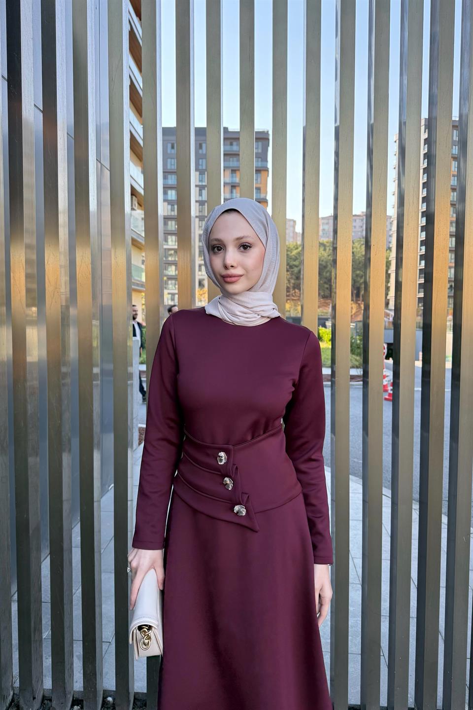 Button Belted Scuba Dress - Burgundy