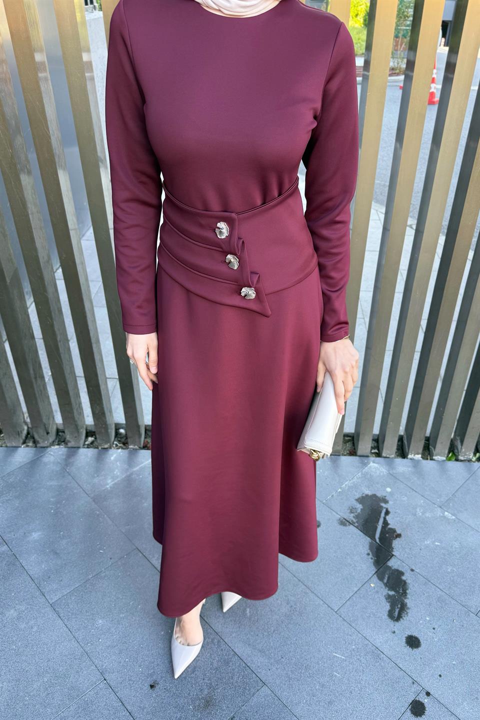 Button Belted Scuba Dress - Burgundy