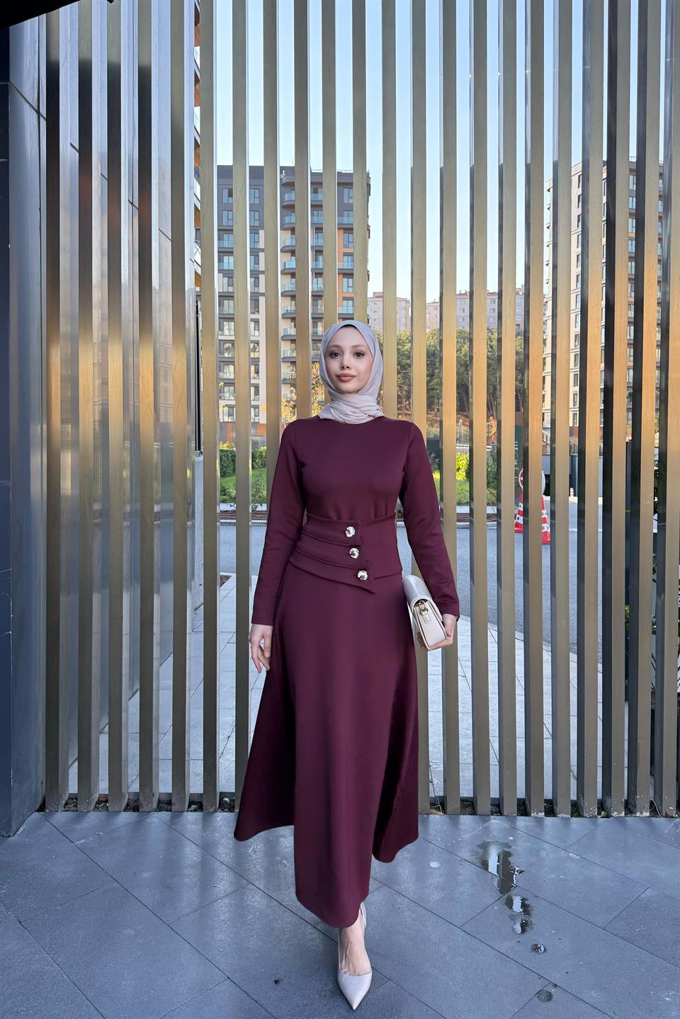 Button Belted Scuba Dress - Burgundy