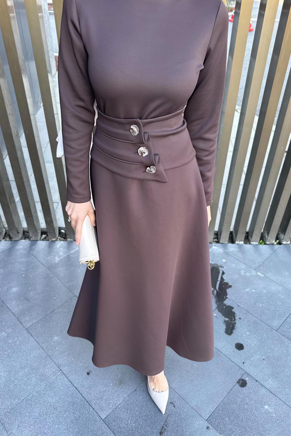 Button Belted Scuba Dress - Brown