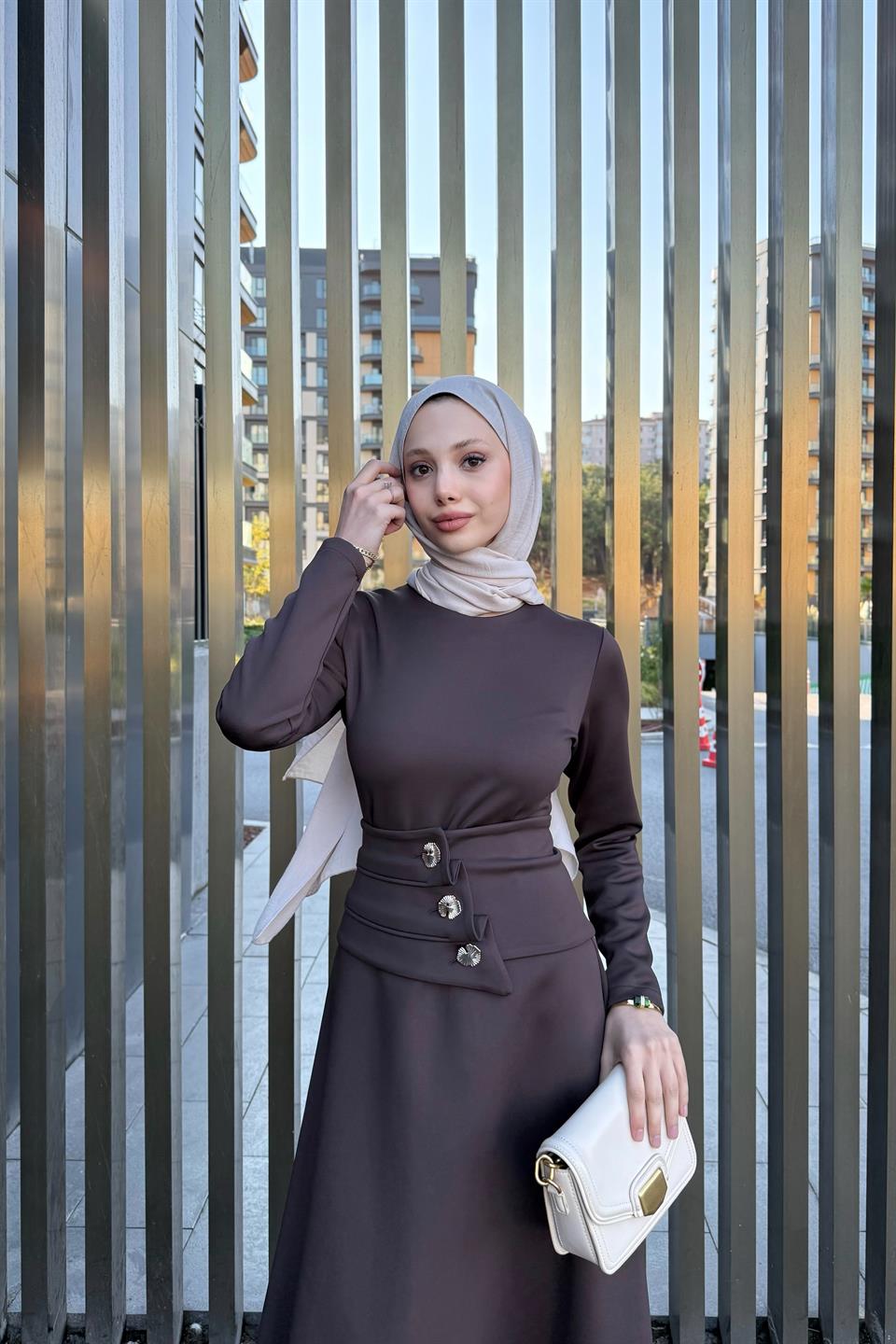 Button Belted Scuba Dress - Brown