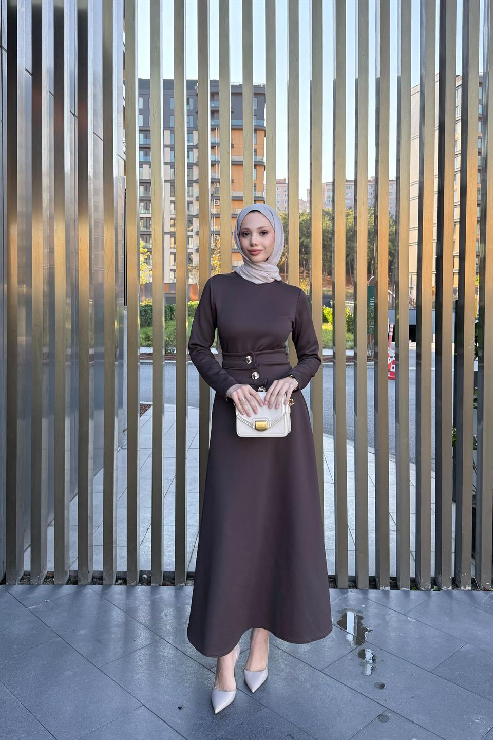 Button Belted Scuba Dress - Brown