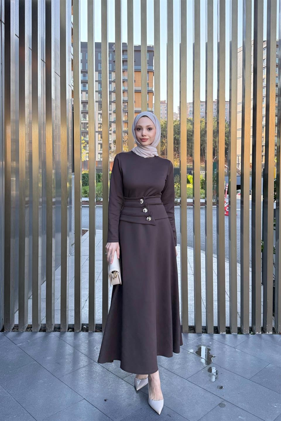 Button Belted Scuba Dress - Brown