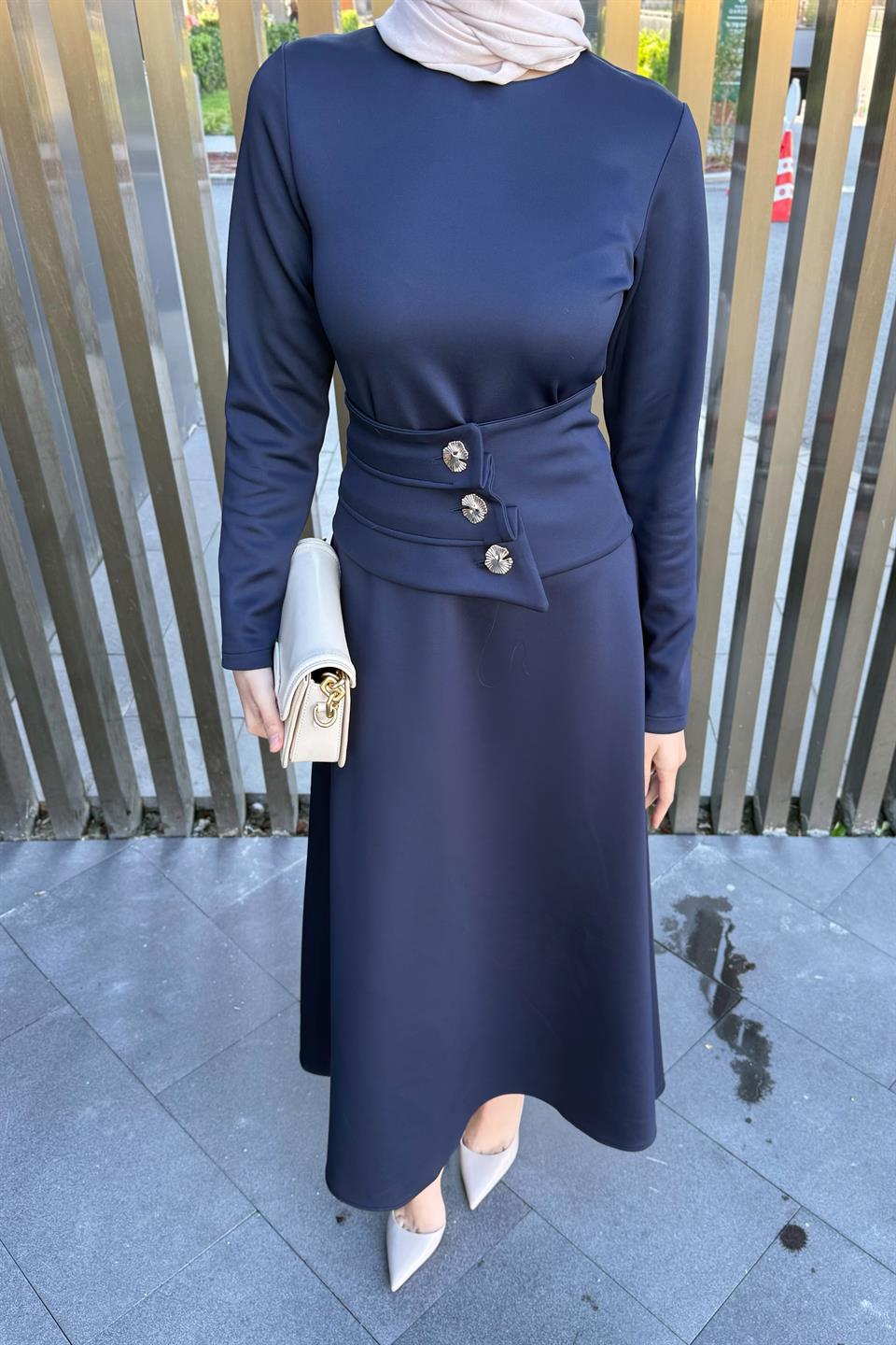 Button Belted Scuba Dress - Navy blue