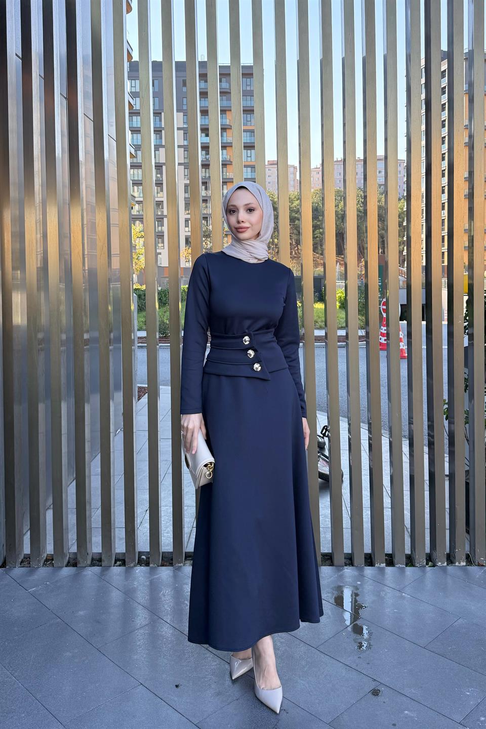 Button Belted Scuba Dress - Navy blue