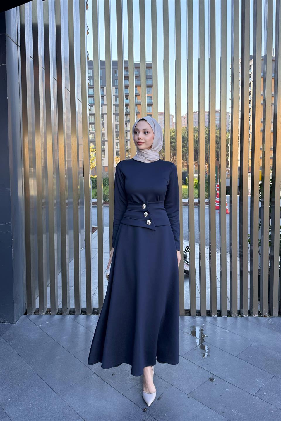 Button Belted Scuba Dress - Navy blue