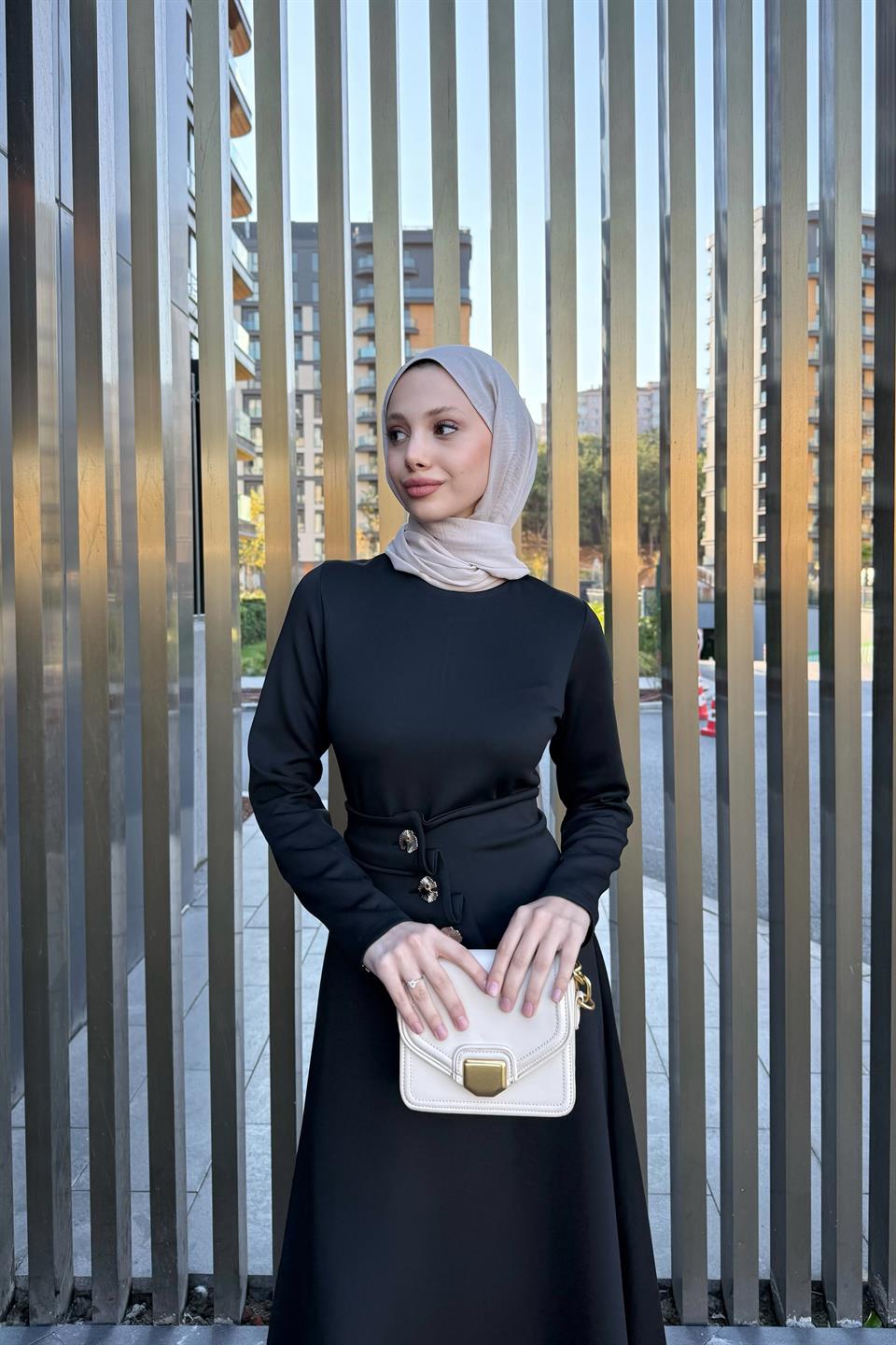 Button Belted Scuba Dress - Black