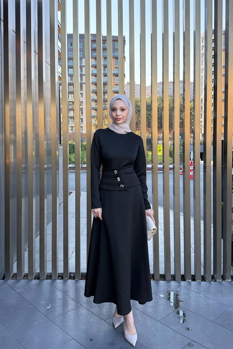 Button Belted Scuba Dress - Black