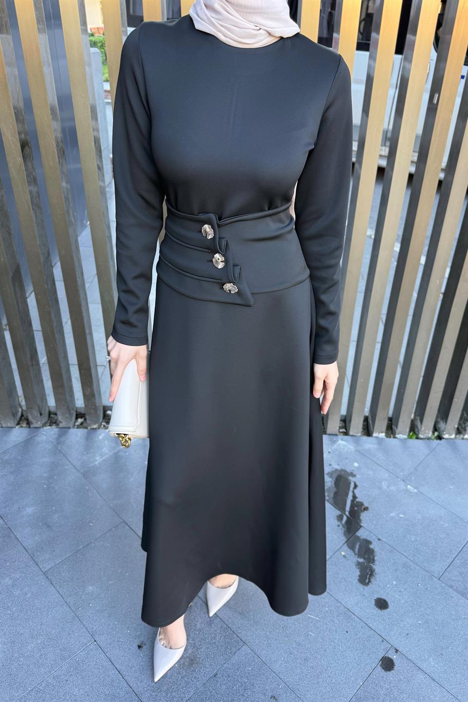 Button Belted Scuba Dress - Black