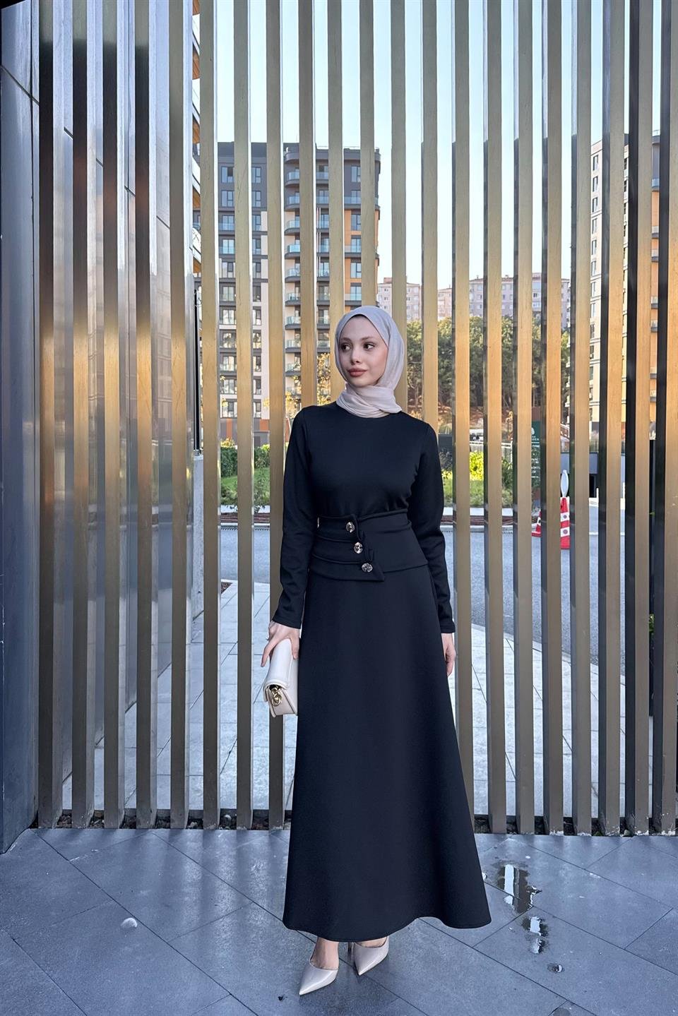 Button Belted Scuba Dress - Black