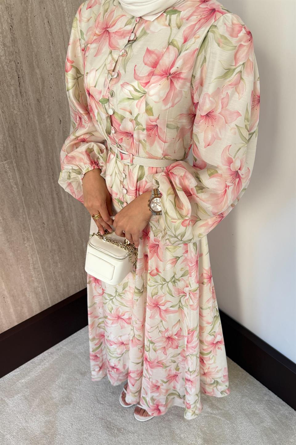 Düğmeli Çiçek Desenli Elbise - Pembe
