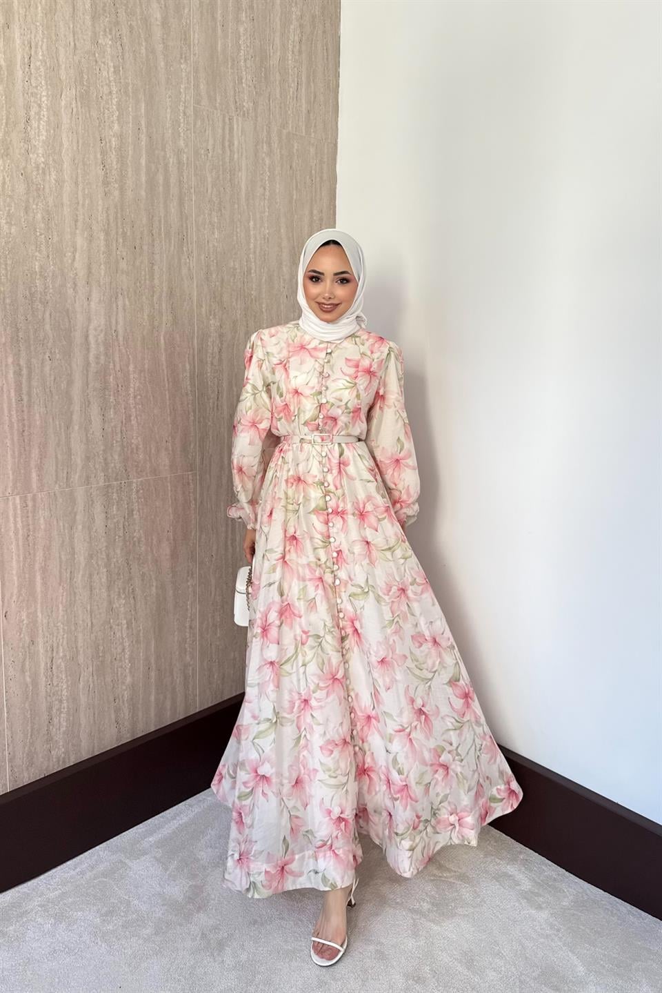 Düğmeli Çiçek Desenli Elbise - Pembe