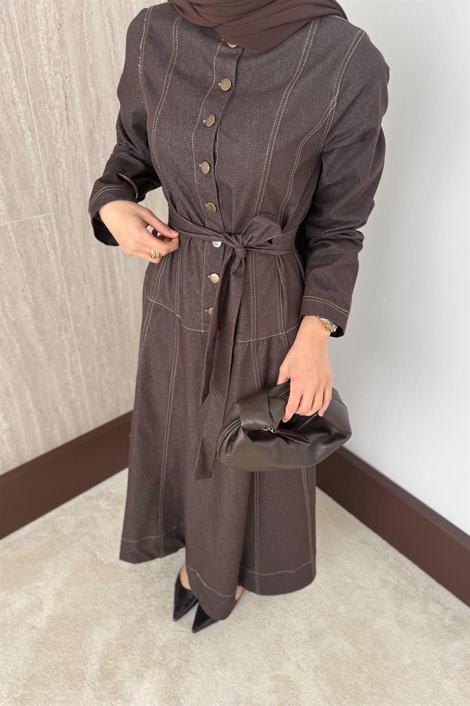 Düğmeli Kot Elbise - Kahve