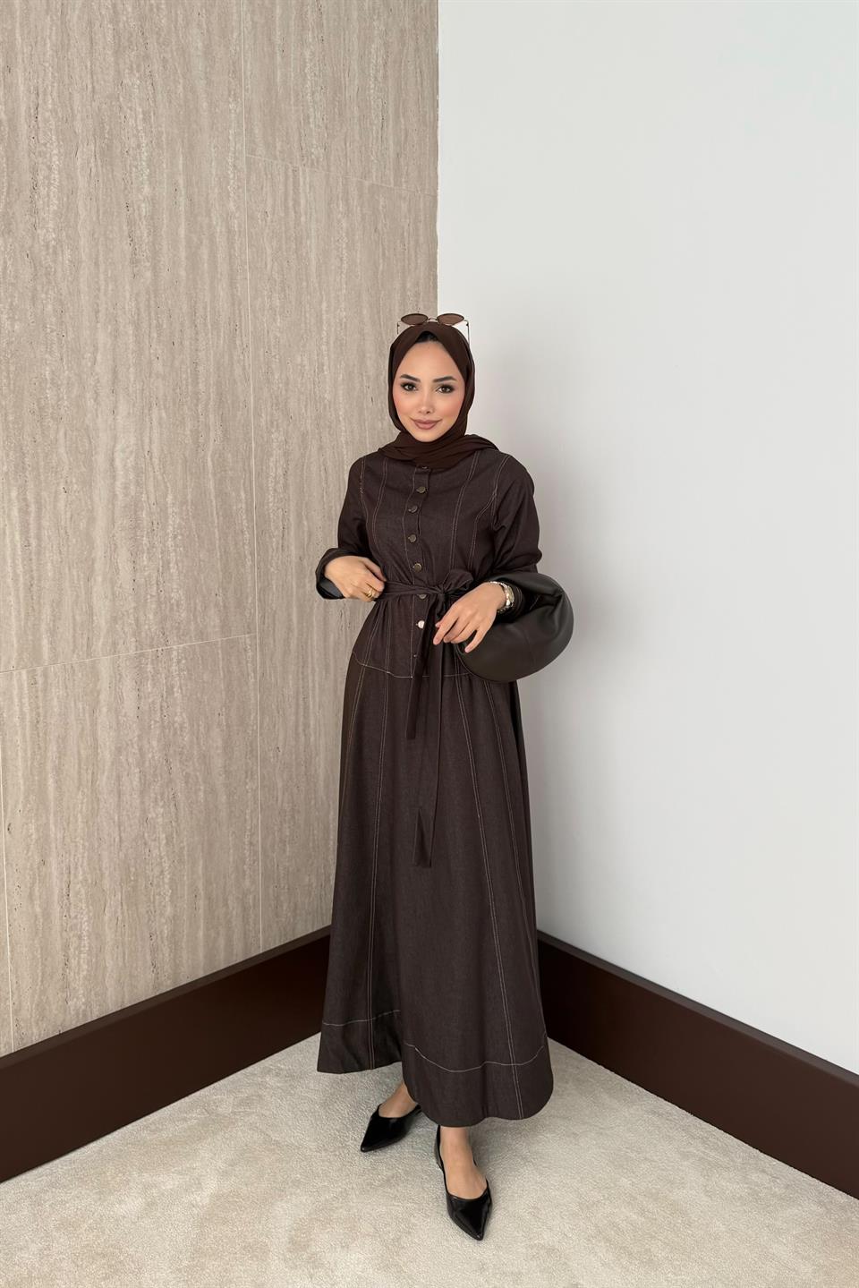 Düğmeli Kot Elbise - Kahve