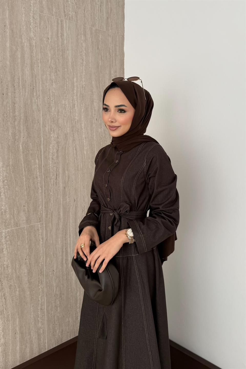 Düğmeli Kot Elbise - Kahve