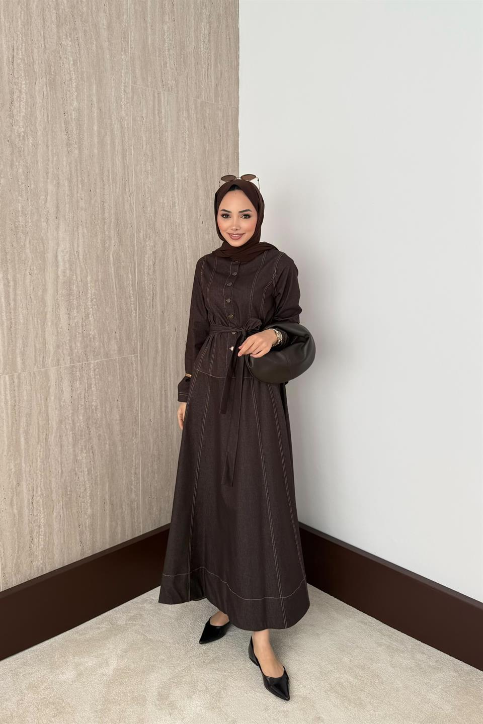 Düğmeli Kot Elbise - Kahve