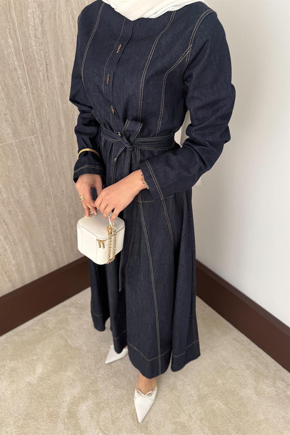 Düğmeli Kot Elbise - Lacivert