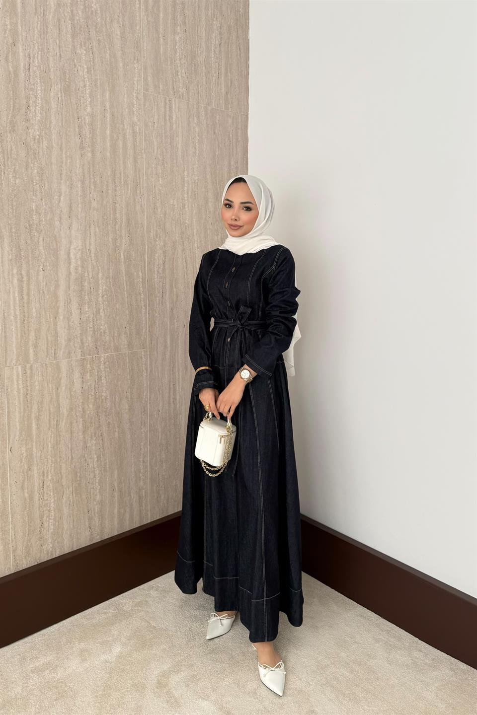 Düğmeli Kot Elbise - Lacivert
