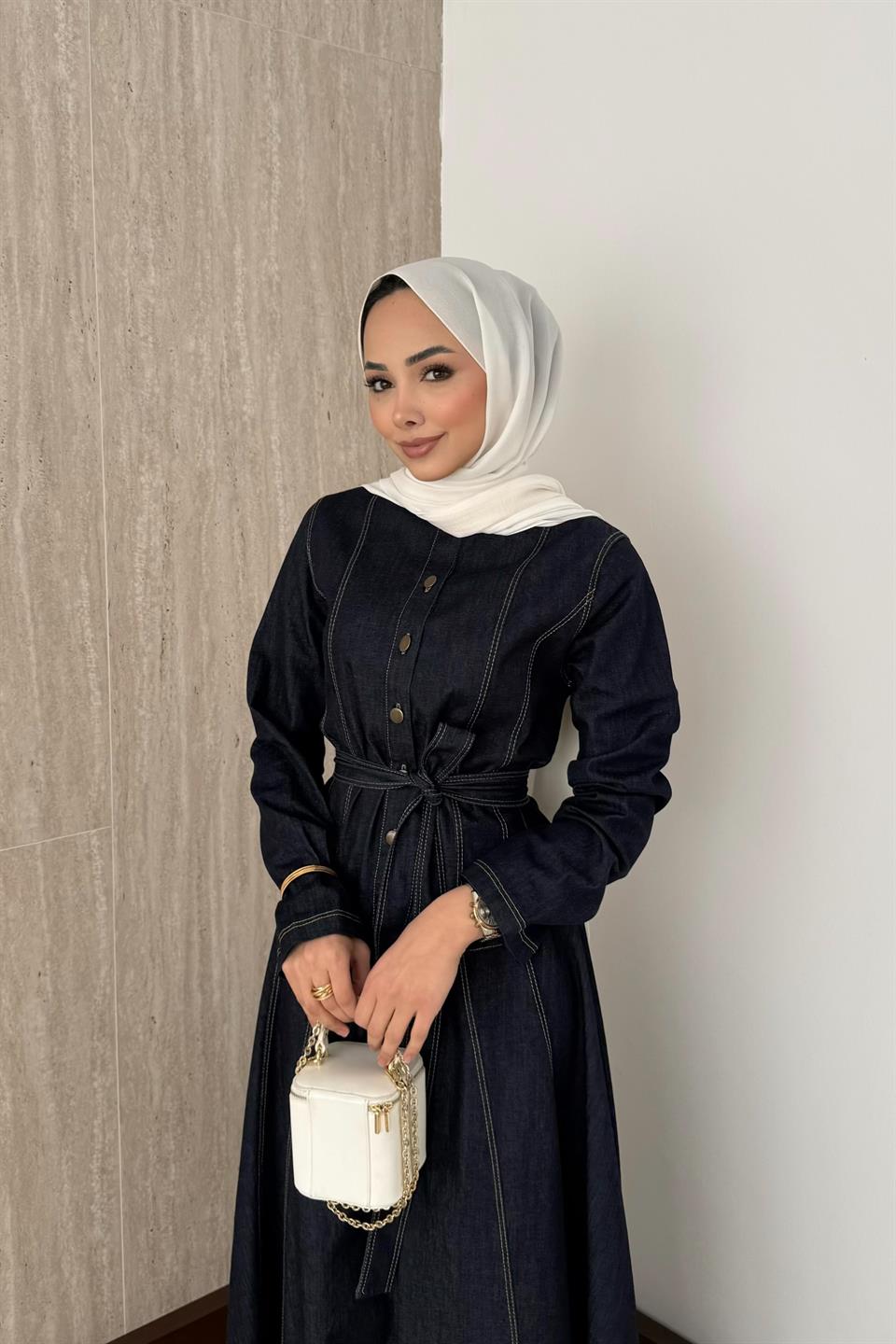 Düğmeli Kot Elbise - Lacivert