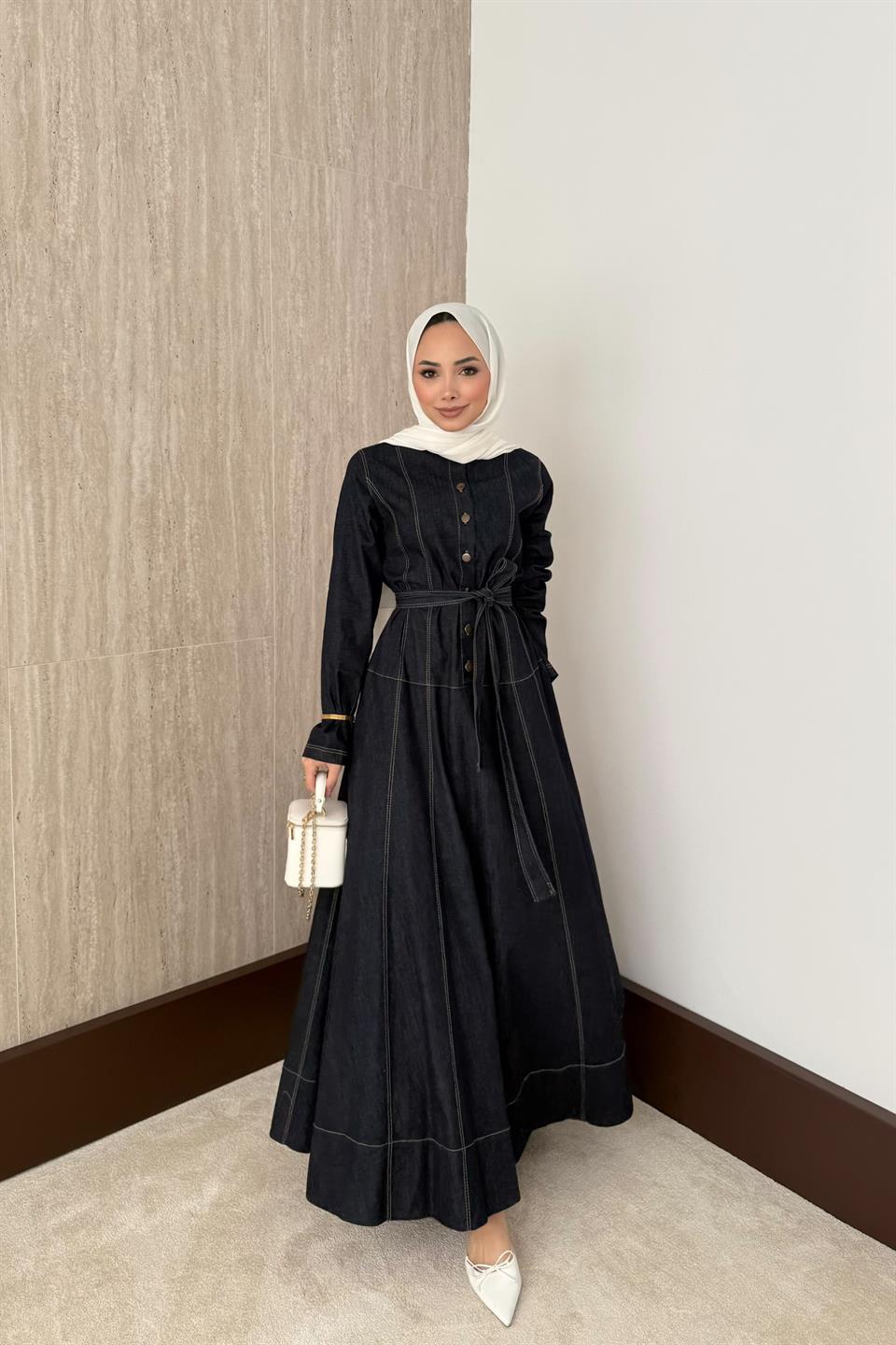 Düğmeli Kot Elbise - Lacivert