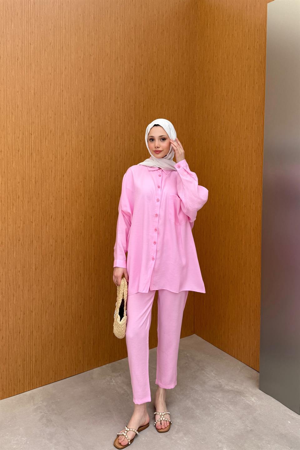 Düğmeli Modal Pantolonlu Takım - Pembe