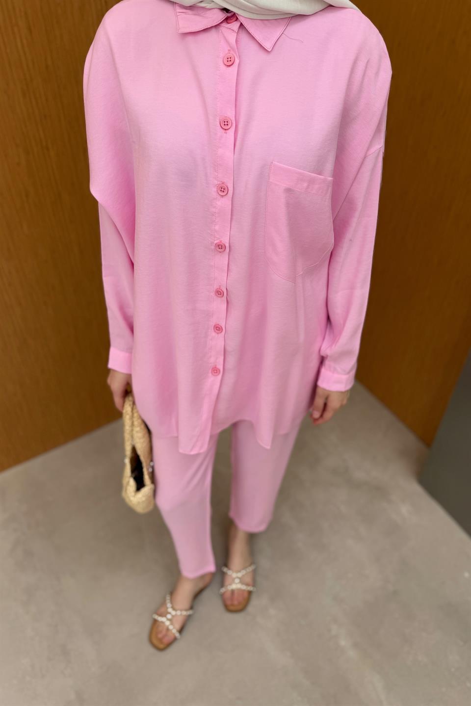 Düğmeli Modal Pantolonlu Takım - Pembe