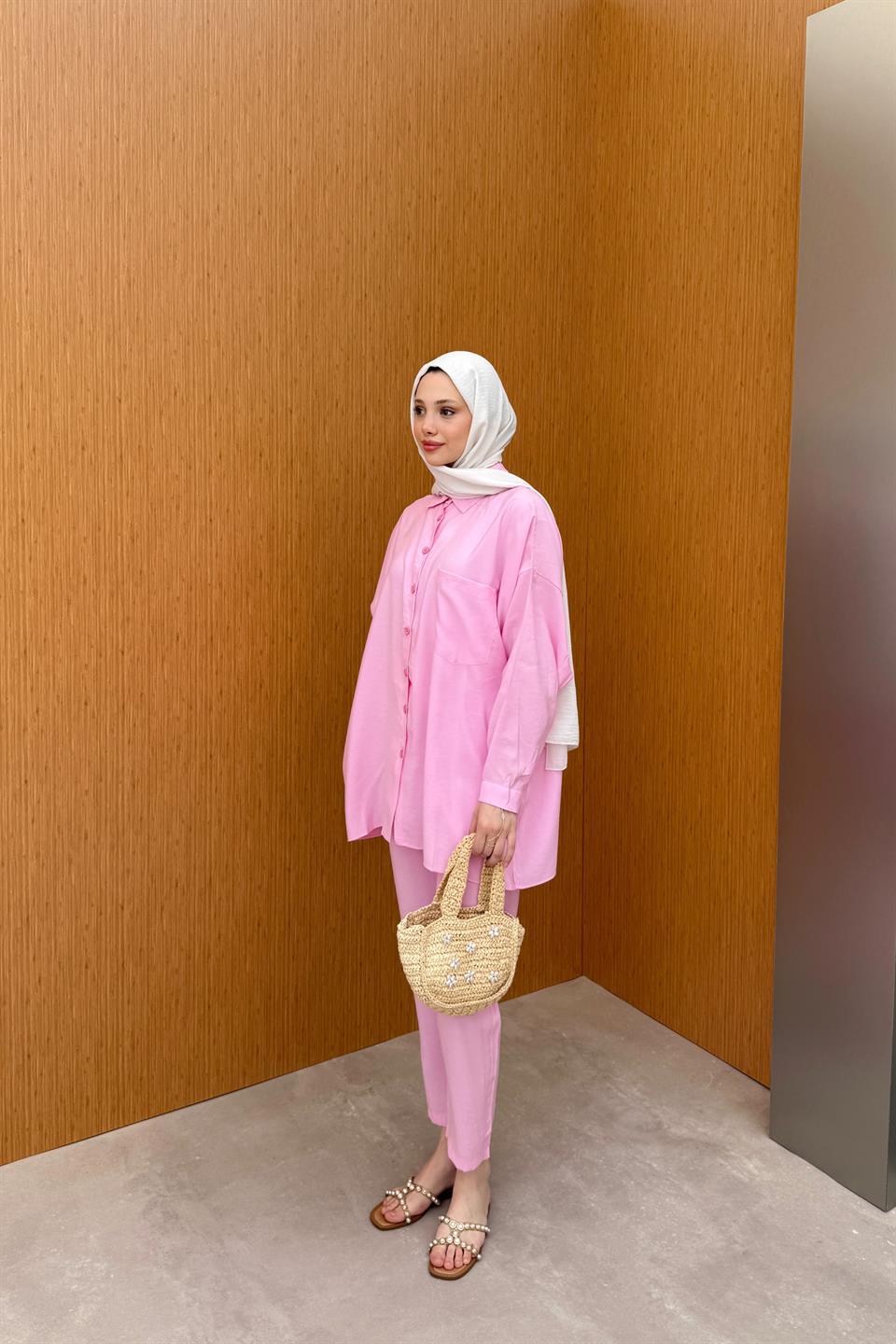 Düğmeli Modal Pantolonlu Takım - Pembe