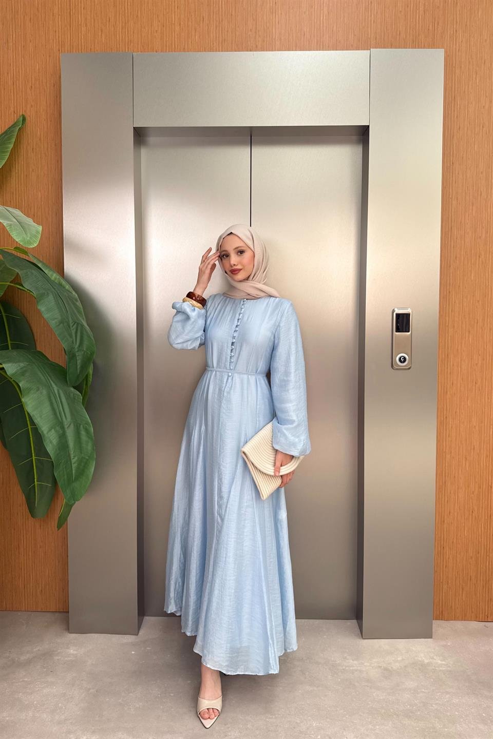 Buttoned Chiffon Dress - Blue