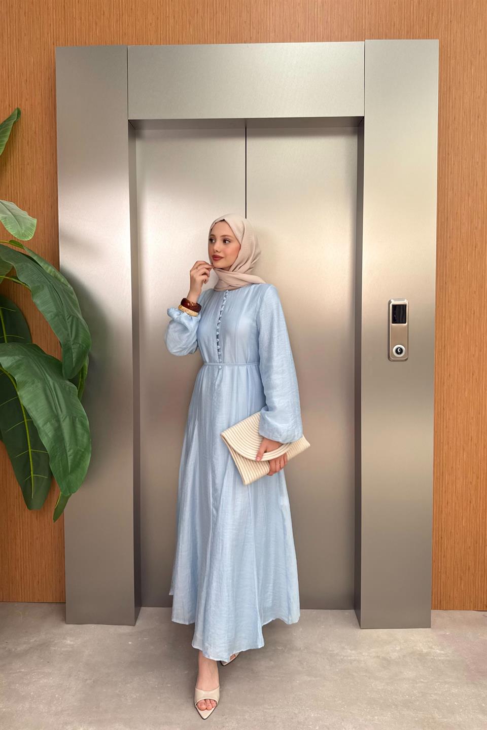 Buttoned Chiffon Dress - Blue