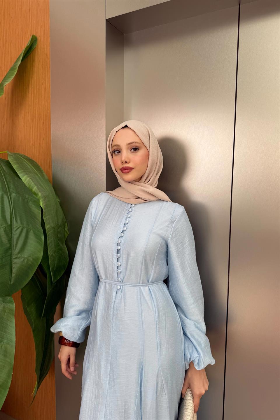 Buttoned Chiffon Dress - Blue