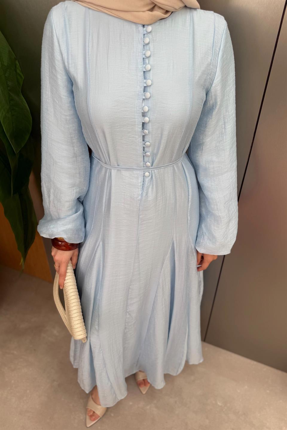 Buttoned Chiffon Dress - Blue