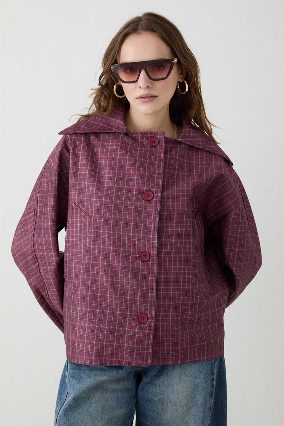 Ekose Bomber Ceket - Bordo