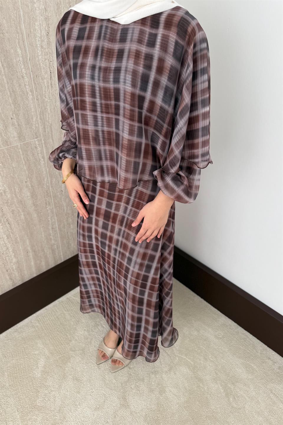 Ekose Desen Pelerinli Elbise - Kahve