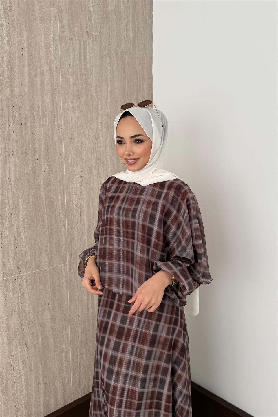 Ekose Desen Pelerinli Elbise - Kahve