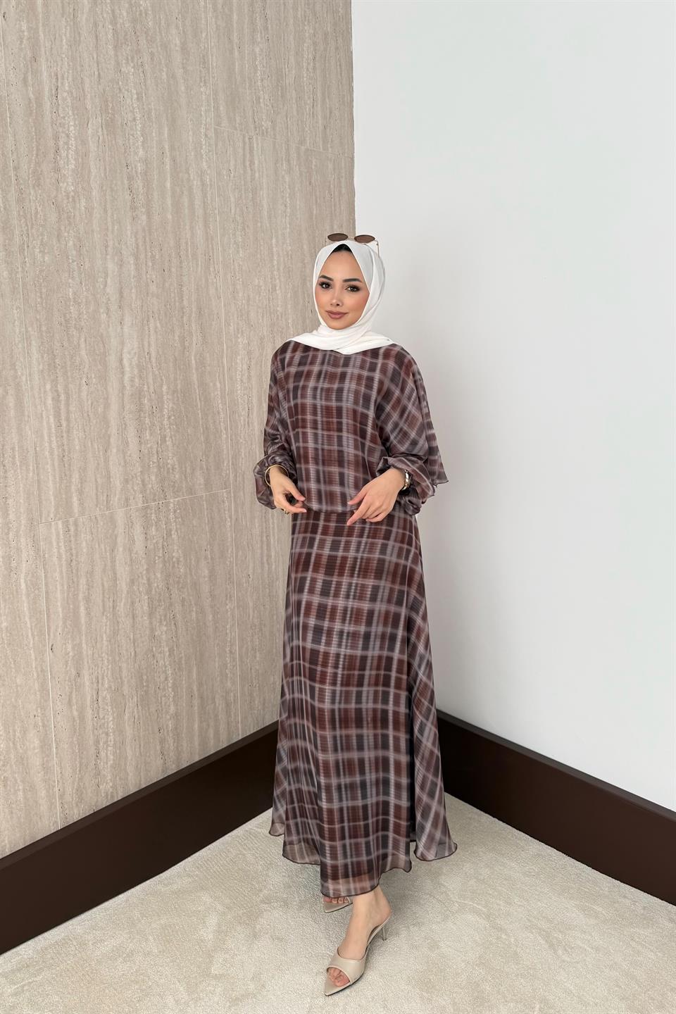 Ekose Desen Pelerinli Elbise - Kahve