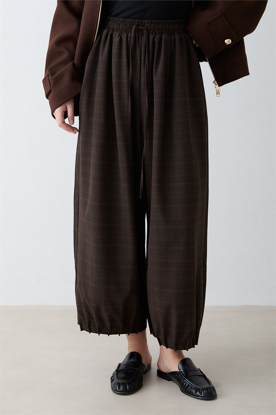 Ekose Desenli Balon Pantolon - Kahve