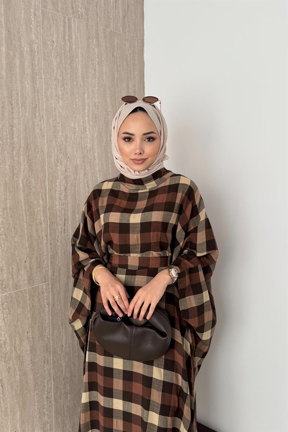 Ekose Desenli Etekli Takım - Kahve