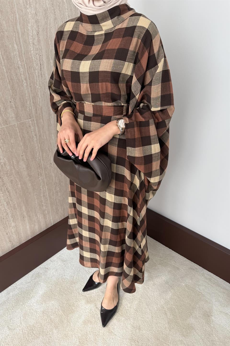 Ekose Desenli Etekli Takım - Kahve