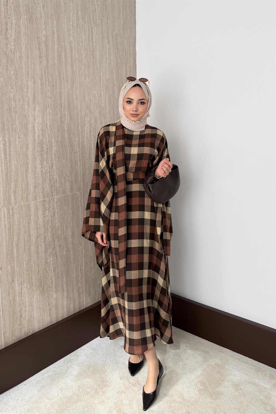 Ekose Desenli Etekli Takım - Kahve