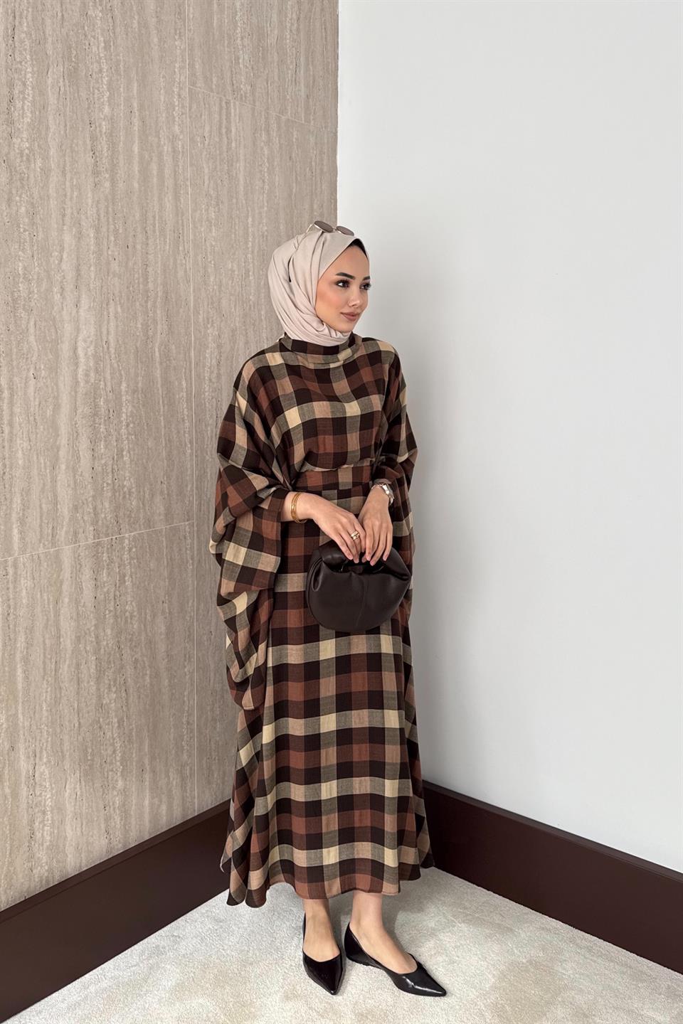 Ekose Desenli Etekli Takım - Kahve