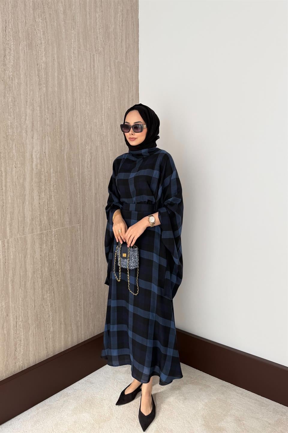 Ekose Desenli Etekli Takım - Lacivert