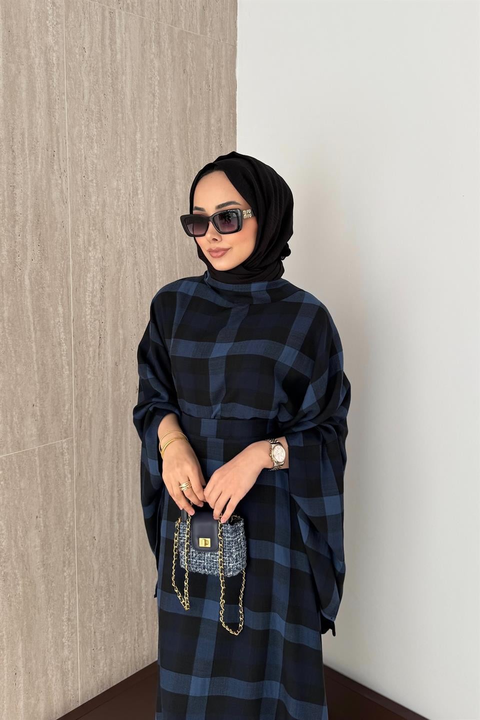 Ekose Desenli Etekli Takım - Lacivert