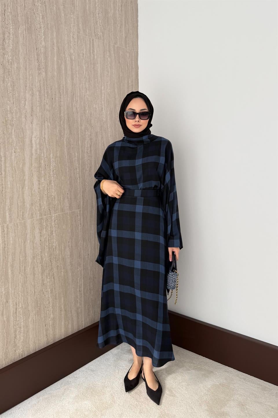 Ekose Desenli Etekli Takım - Lacivert