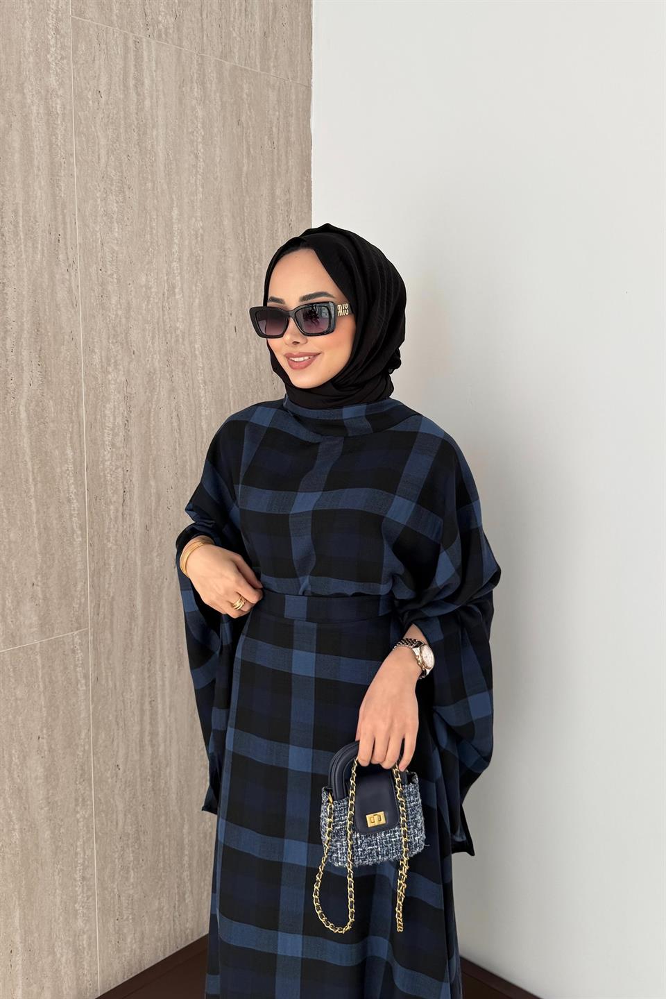 Ekose Desenli Etekli Takım - Lacivert