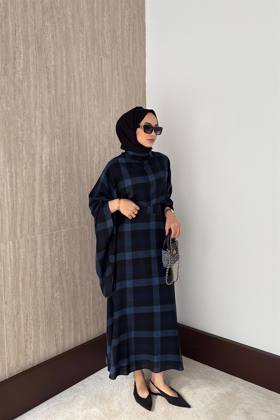 Ekose Desenli Etekli Takım - Lacivert