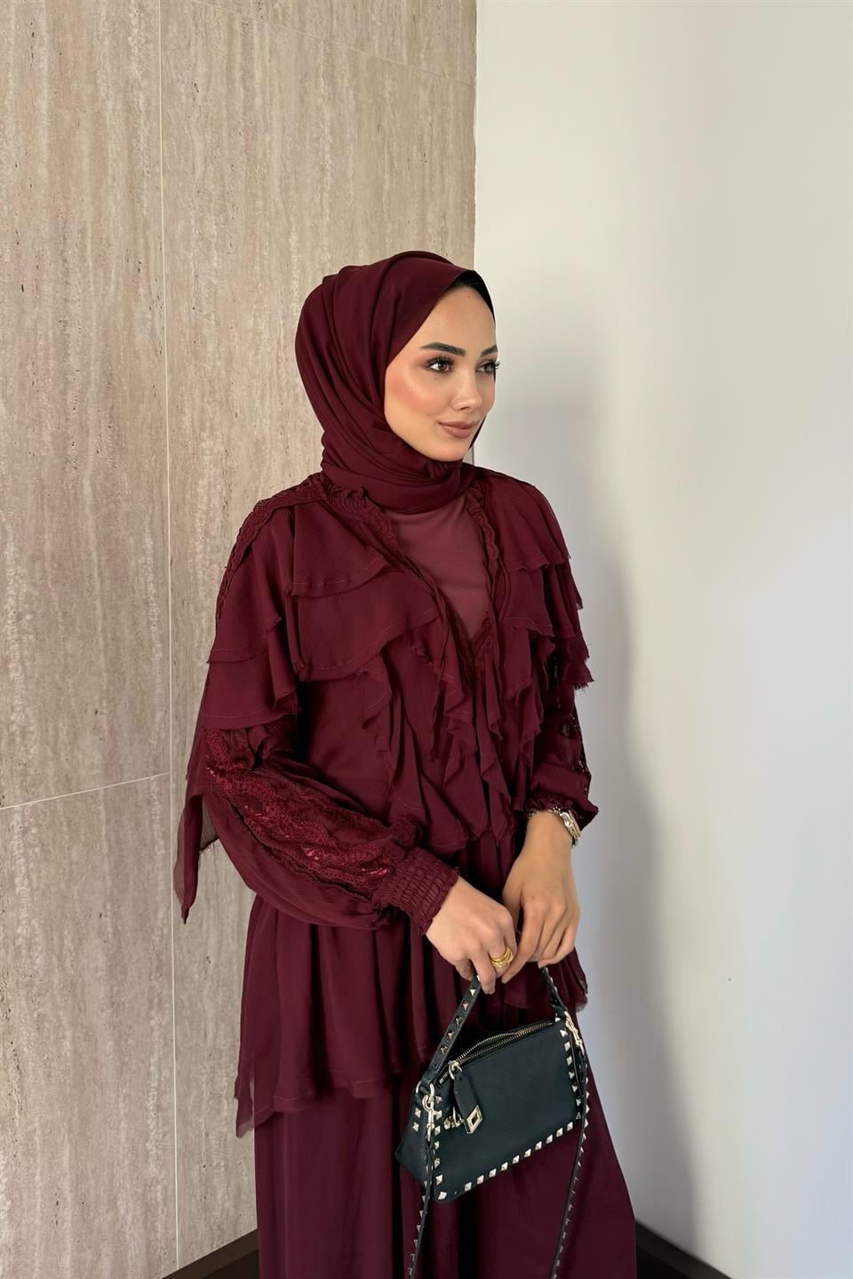 Eva Güpürlü Pantolonlu Takım - Mürdüm