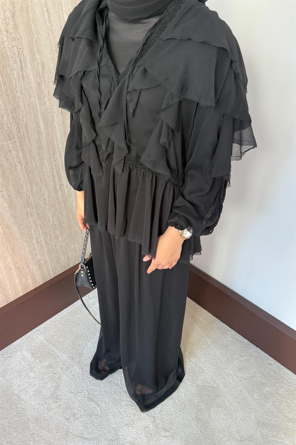 Eva Güpürlü Pantolonlu Takım - Siyah